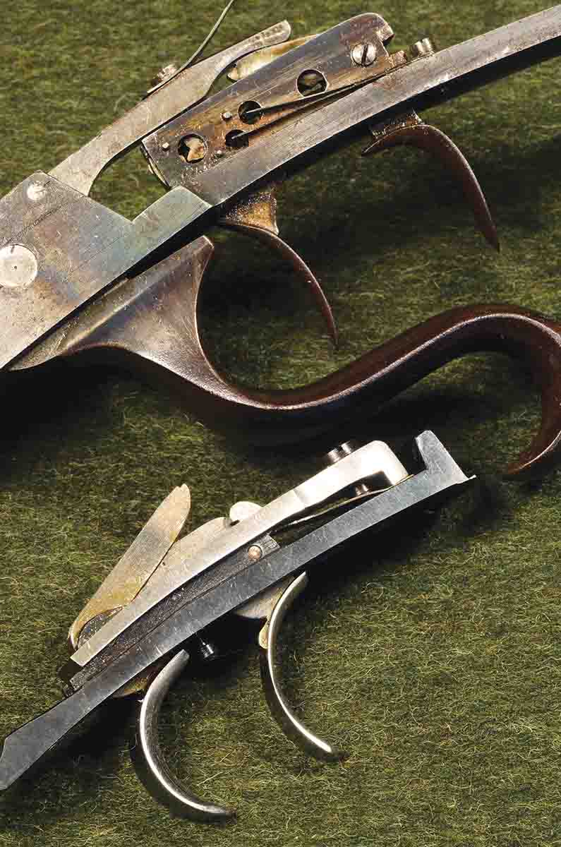The set trigger at top is from an old German Schützen rifle and was probably made in the 1880s. It’s compared with a set trigger from a Mannlicher-Schönauer made in the mid-1950s. In terms of quality, both are excellent.
